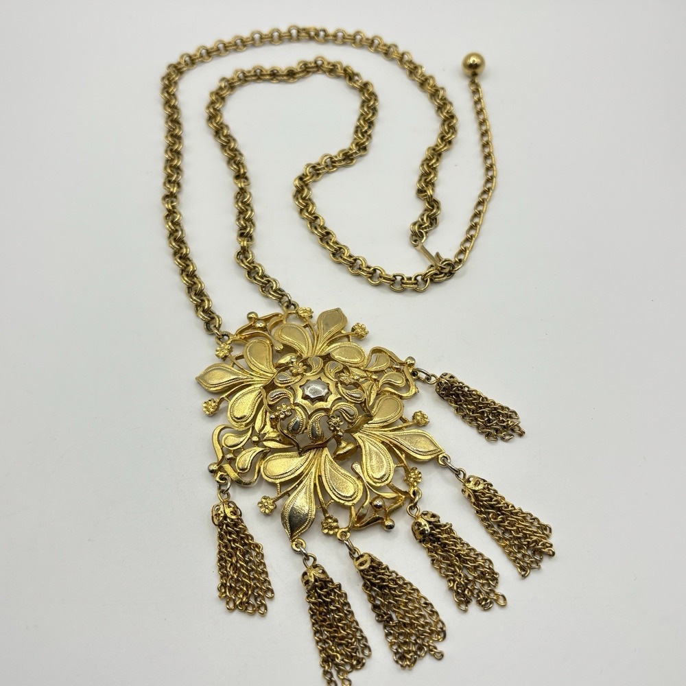 Vintage Gold Tone Chain Fringe Tassel Statement Necklace 24" + Pendant